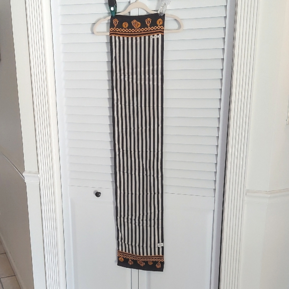 ECHO Scarf 100% Silk Soie, Black White Stripes with Gold Nautical Symbols